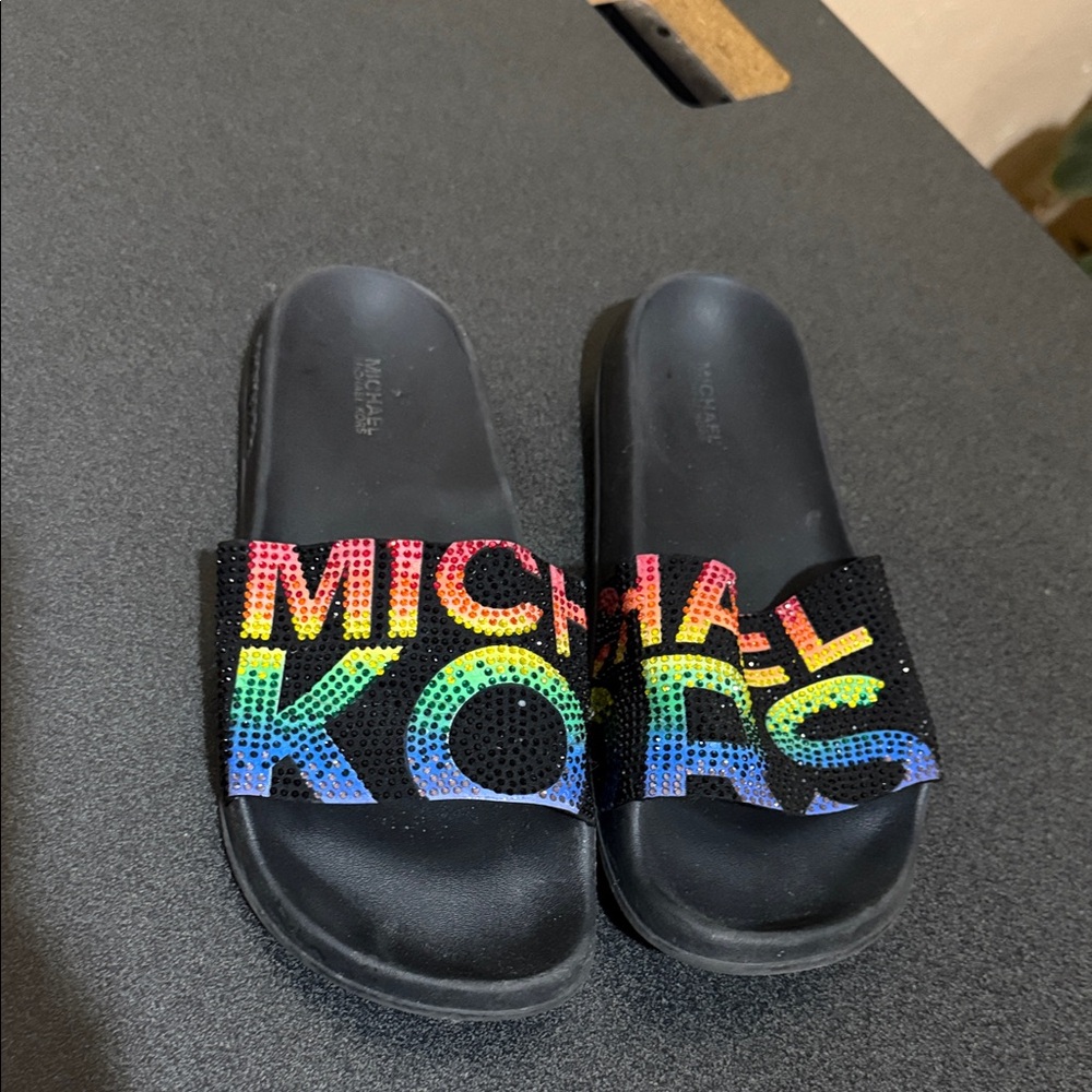 Michael Kors Slides Black with Rainbow Logo